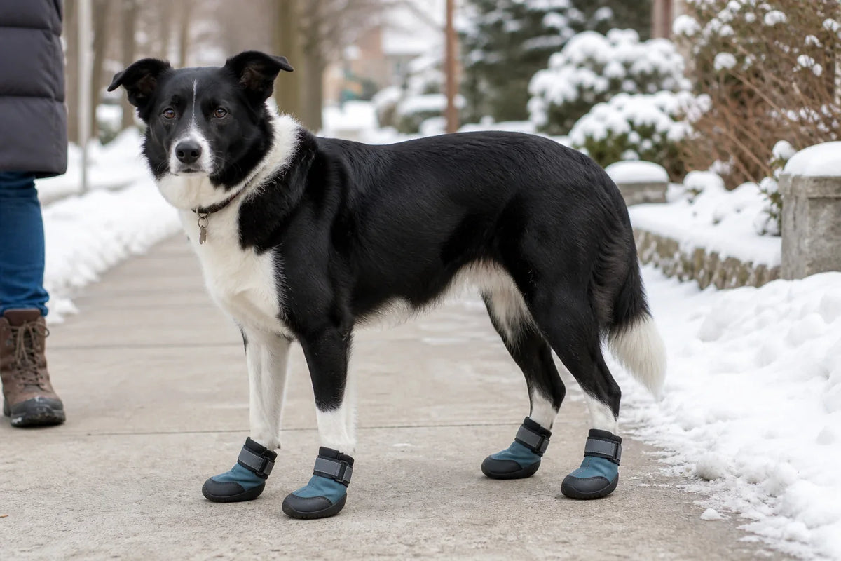 Black and white dog wearing blue winter booties on a snowy sidewalk