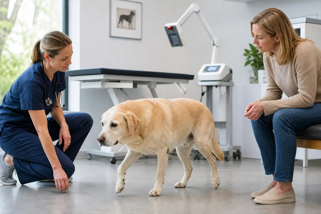 Veterinarian observing a senior Labrador walk in a clinic while a pet parent watches