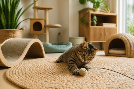 Relaxed indoor cat resting on a stable low perch near a quiet home workspace during a calm day.
