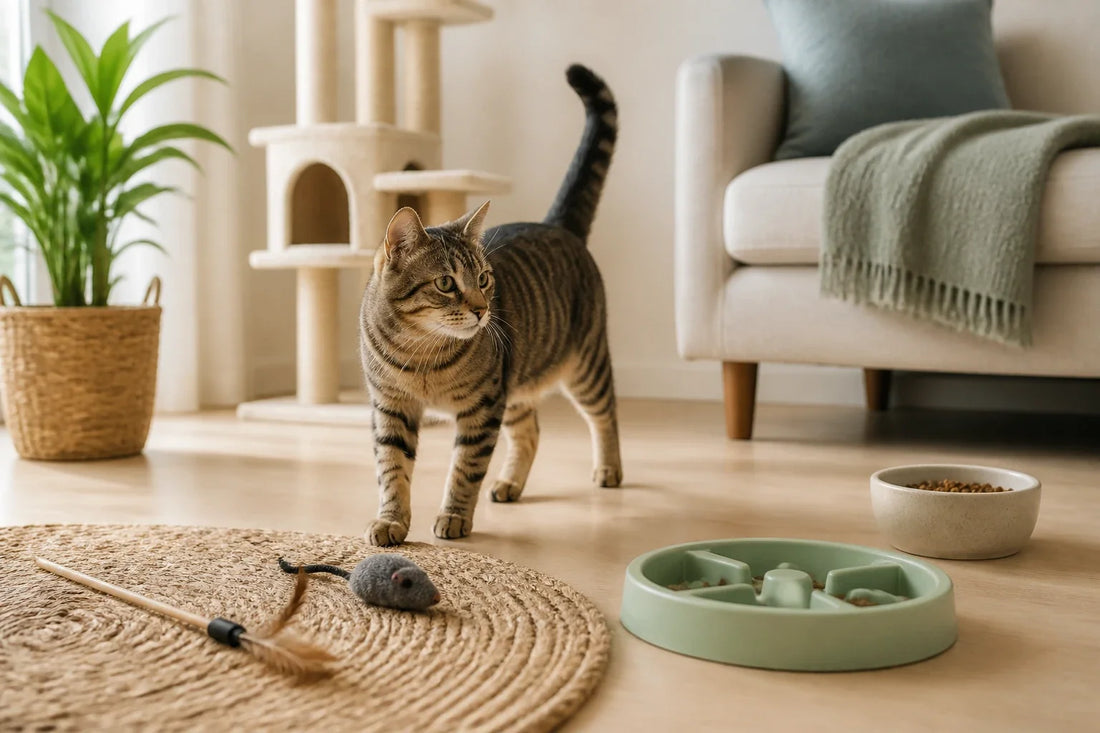 Indoor cat tracking a wand toy during a calm home play session