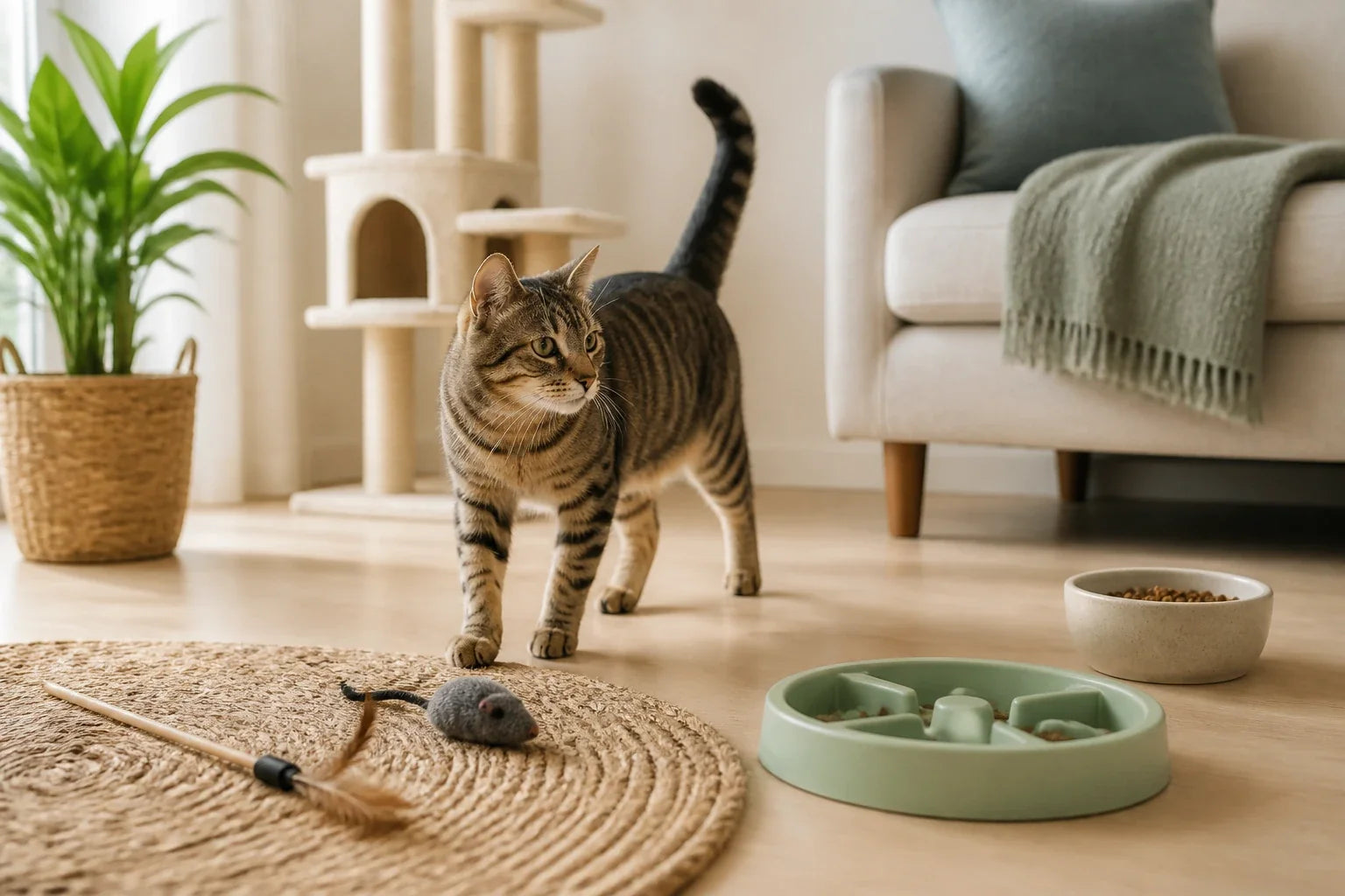 Tabby cat walking through an indoor room beside a cat tree and puzzle feeder
