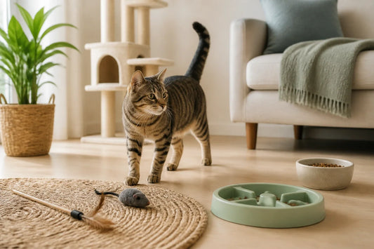 Chat d’intérieur suivant un jouet à baguette pendant une séance de jeu calme à la maison