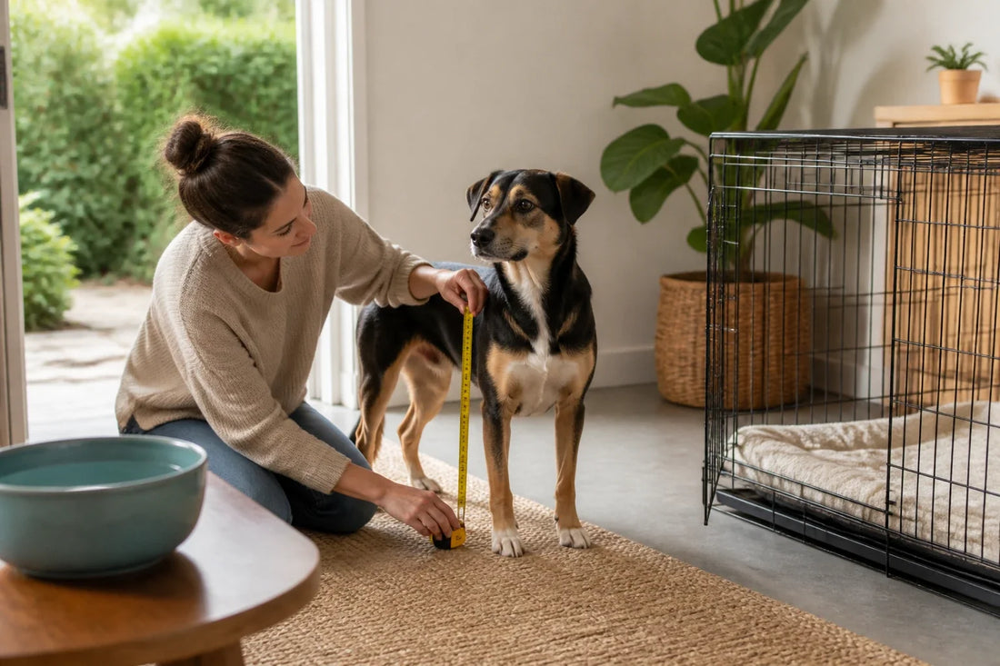 Relaxed caramel-colored dog beside an open roomy wire crate in a bright living room