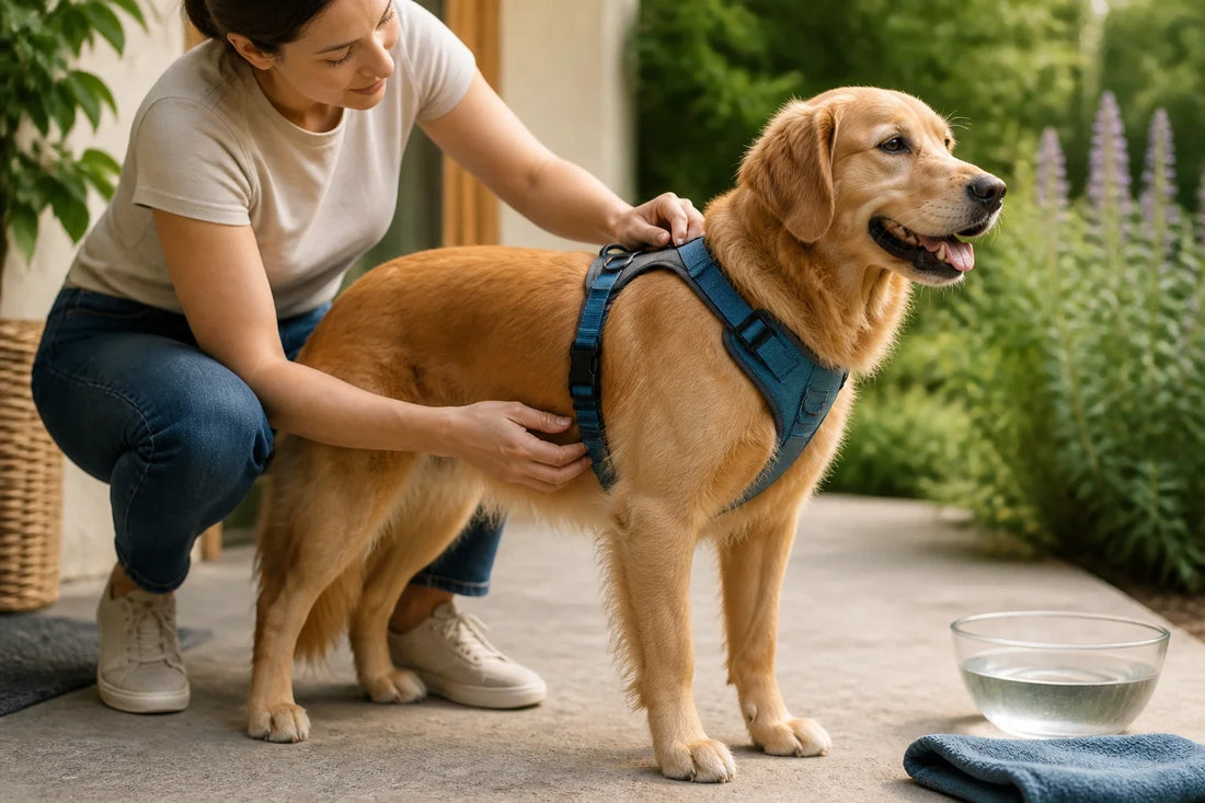 Adult dog standing calmly in a well-adjusted harness on a quiet neighborhood path.