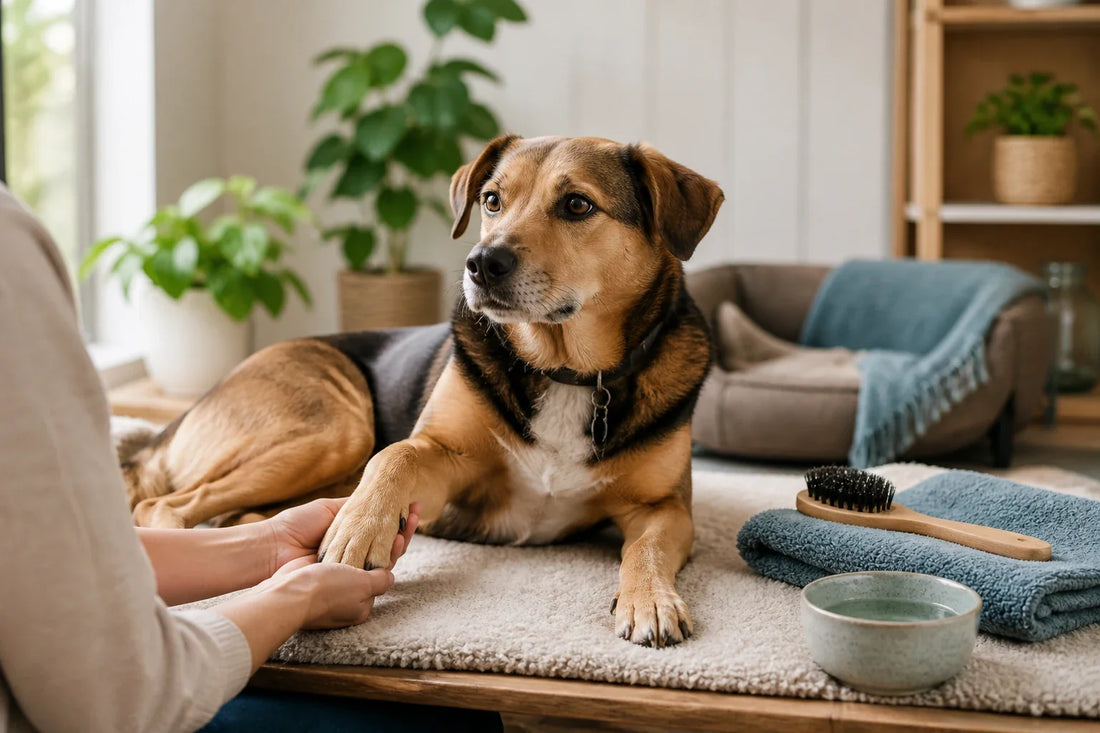 Relaxed dog in a warm home-care setting with a caregiver nearby