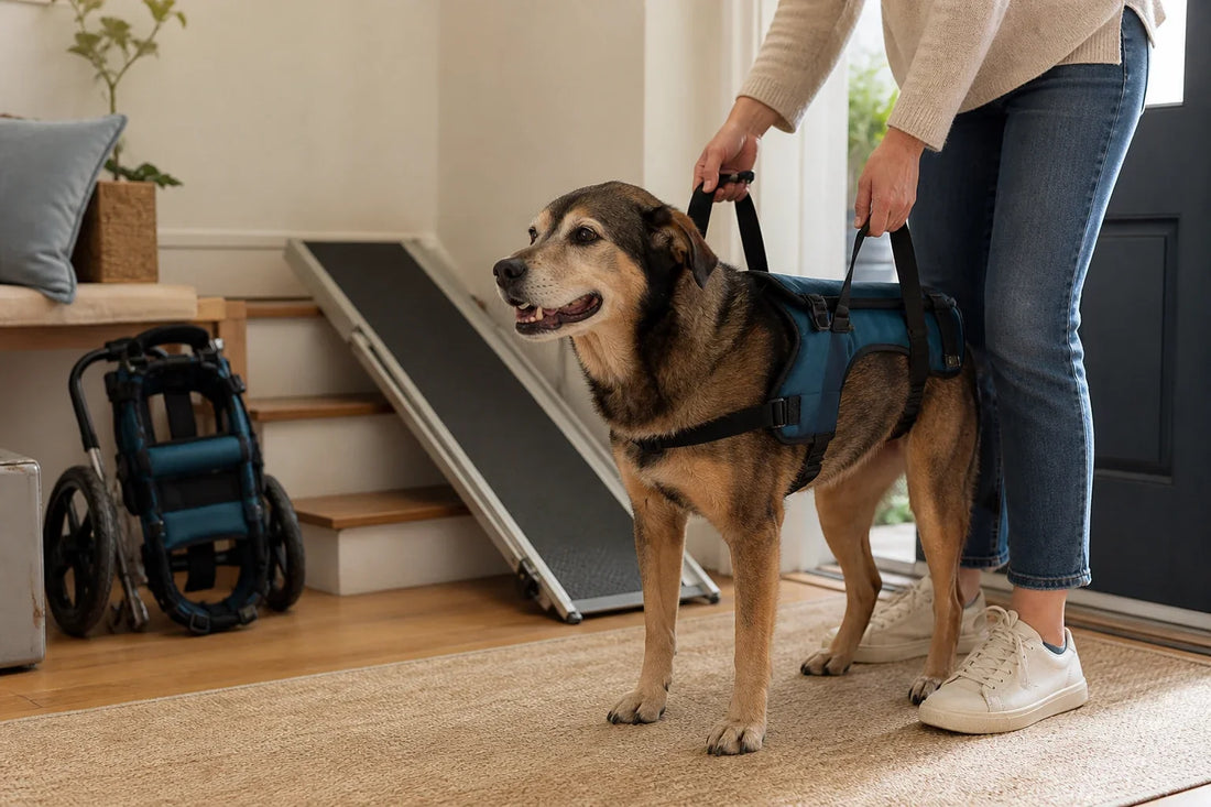 Relaxed dog on secure footing near a comfortable resting space
