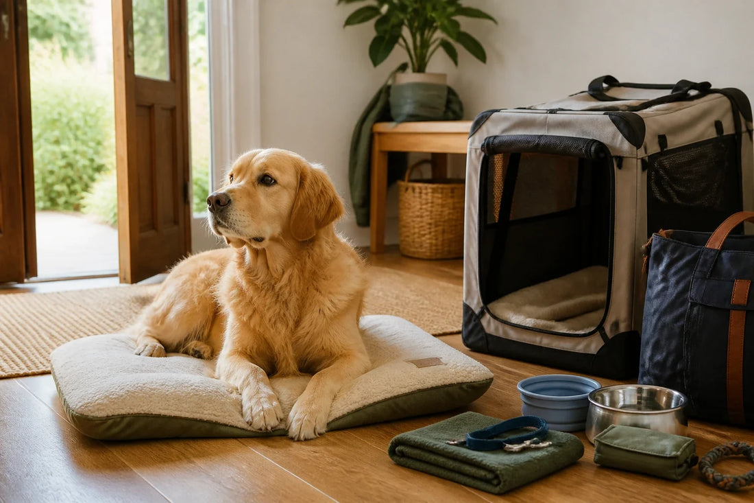 Entspannter Hund neben einer schlichten Reisetasche und einer vertrauten geöffneten Transportbox in einem hellen Eingangsbereich