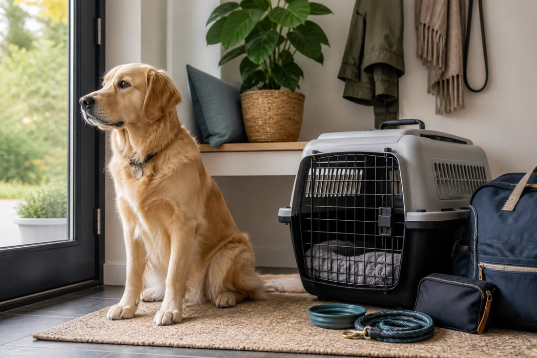 Relaxed dog beside a plain travel bag and familiar open carrier in a quiet home entryway.