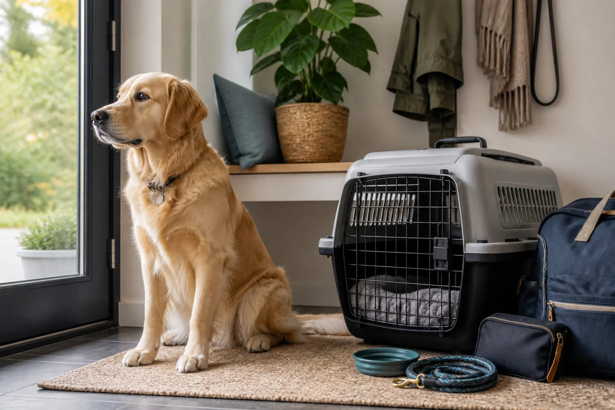 Golden retriever sitting beside an open hard-sided pet carrier and travel bag