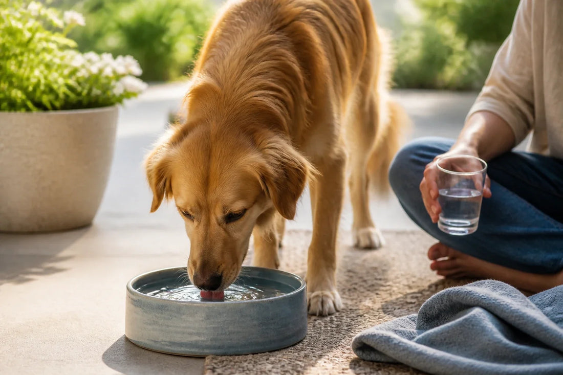 Healthy-looking dog drinking calmly from a clean water bowl in a bright home.