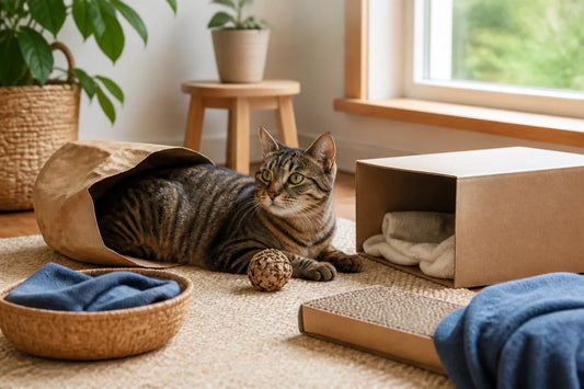 Indoor cat calmly exploring a clean open cardboard box in a bright, tidy room.