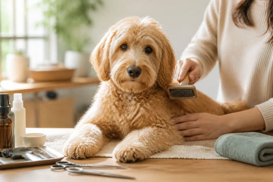Caregiver gently brushing a relaxed medium-coated dog on a stable mat at home