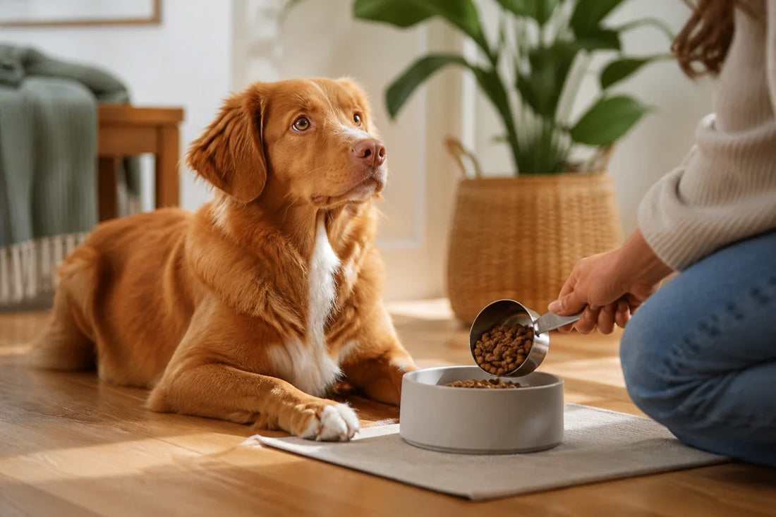 Dog waiting calmly while a caregiver measures kibble on a kitchen scale
