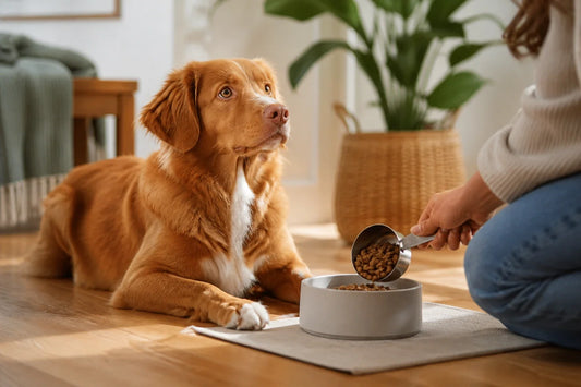 Chien attendant calmement pendant qu’une personne mesure sa ration de croquettes avec une balance de cuisine