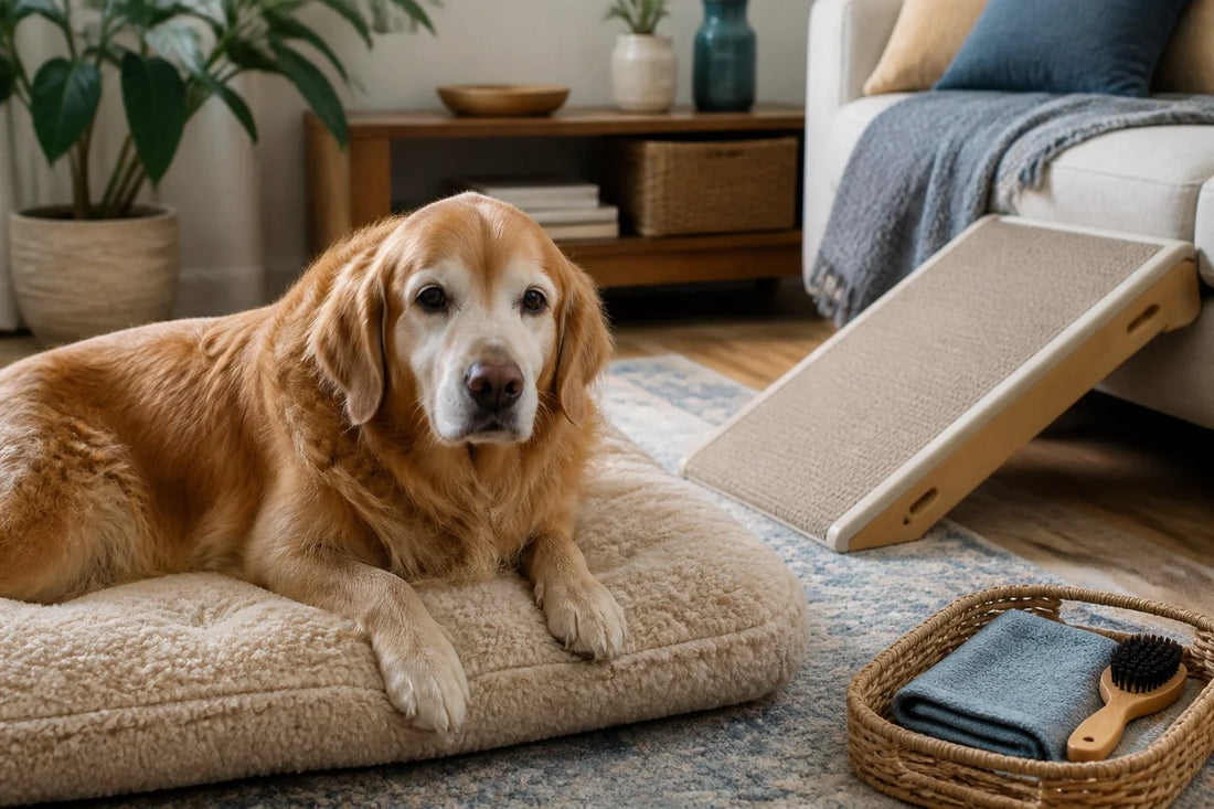 Gray-muzzled senior dog walking along a secure runner in a bright uncluttered living room.