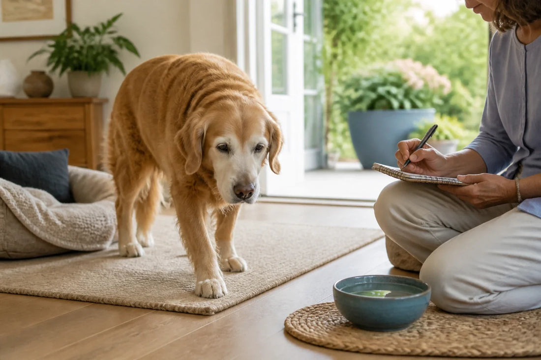 Older dog and caregiver sharing a quiet morning on a non-slip runner in a tidy living room.