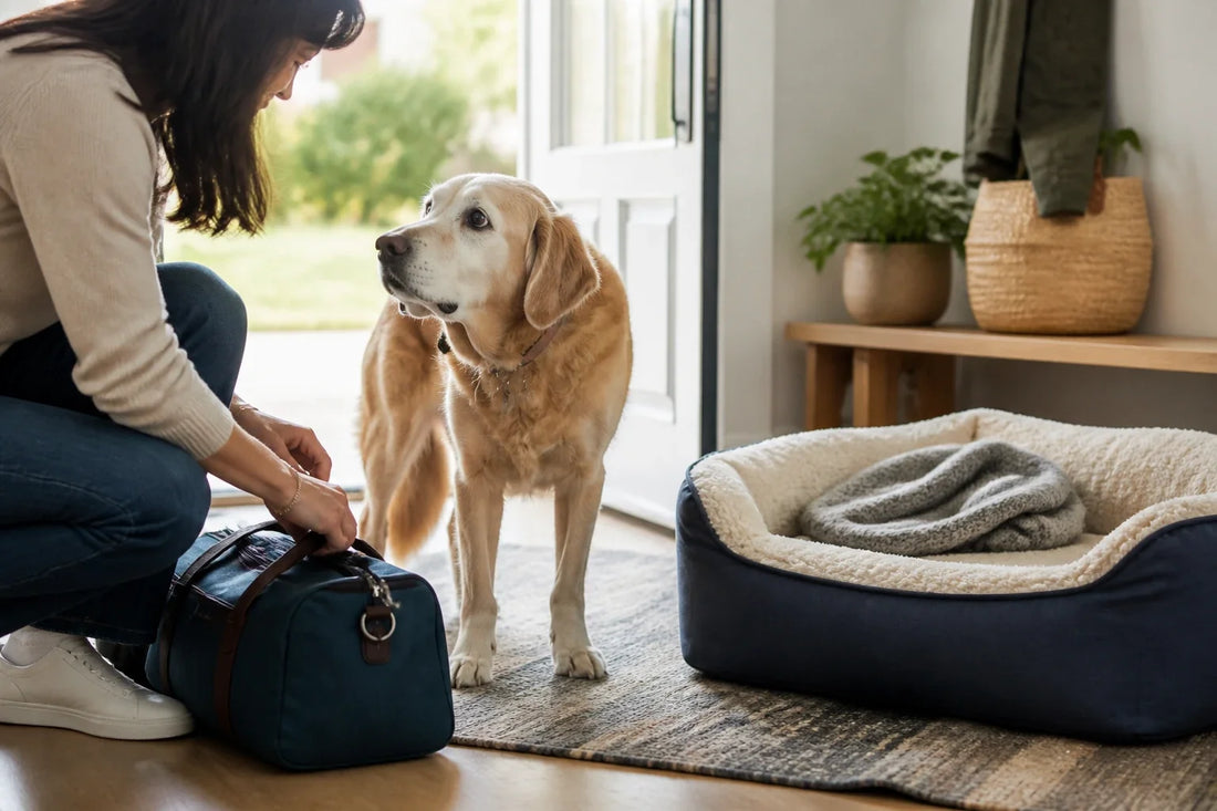 Senior mixed-breed dog resting on a low bed while a caregiver sits nearby with a notebook
