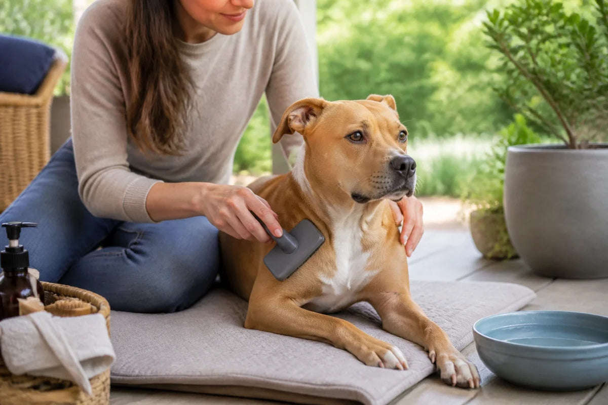 Caregiver gently brushing a short-coated brown dog on a cushioned mat outdoors