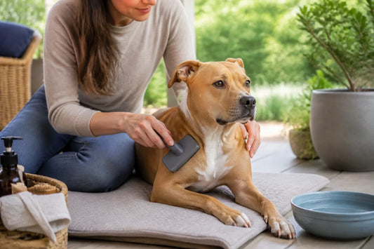 Short-haired dog standing calmly on a non-slip mat beside a brush and folded towel