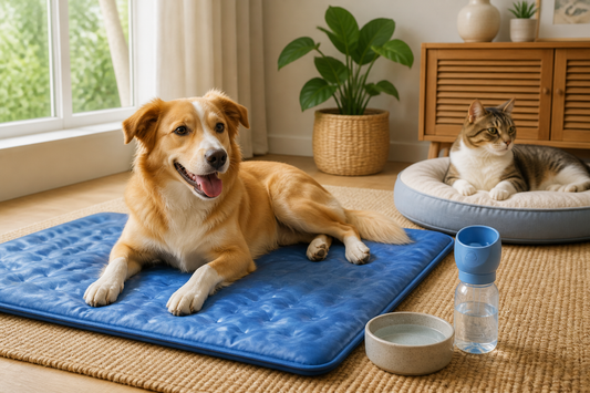 Dog resting on a blue cooling mat while a cat relaxes beside a portable water bottle
