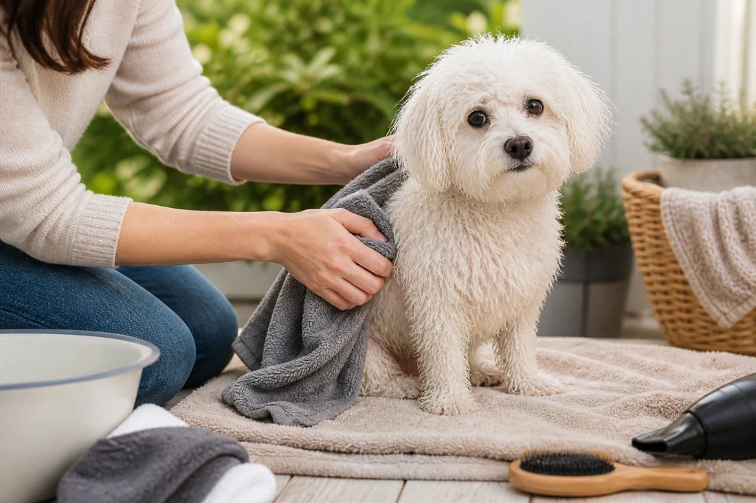 Bichon frisé blanc encore humide debout près d’une serviette crème, tandis qu’une personne qui s’en occupe lui tend calmement la main
