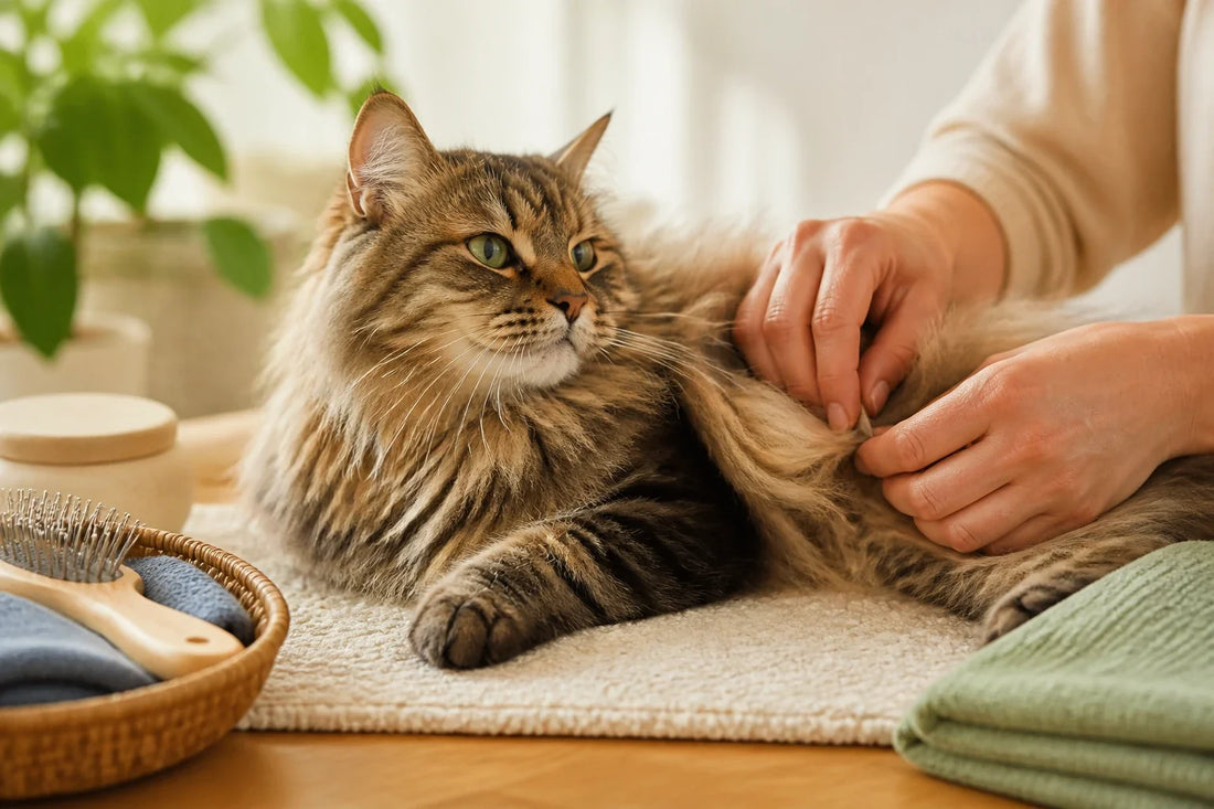 Langhaarige graue Katze ruht ruhig auf einer cremefarbenen Decke, während eine Betreuungsperson das Deckhaar kontrolliert, ohne daran zu ziehen
