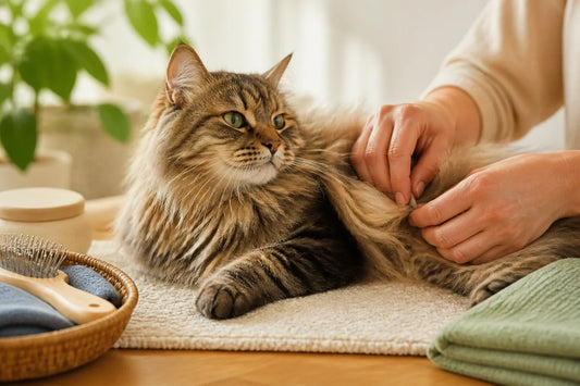 Long-haired gray cat resting calmly on a cream blanket while a caregiver checks the outer coat without pulling