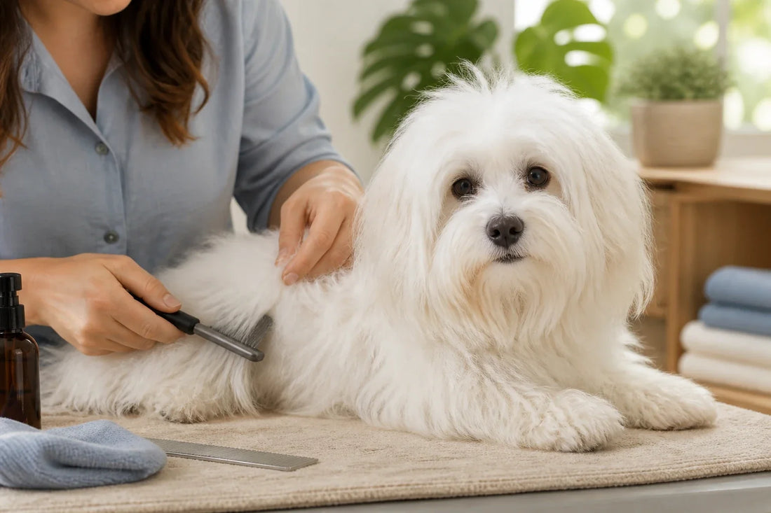 Pessoa a fazer delicadamente uma risca no pelo branco de um Coton de Tulear, sobre um tapete antiderrapante