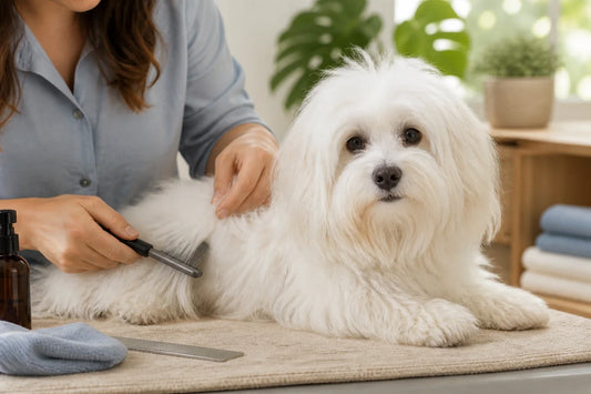 Caregiver making a gentle part in the white Coton de Tulear coat on a nonslip mat