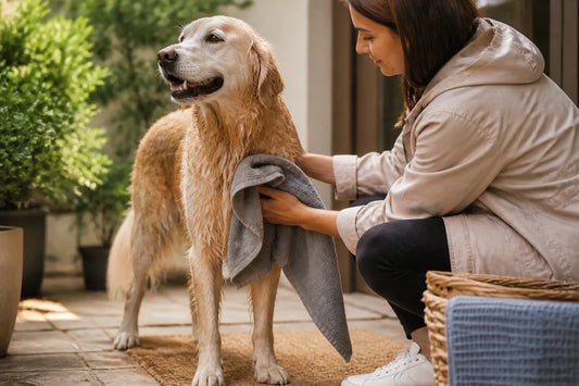 Golden retriever standing on a soft hallway mat after a rainy walk while a caregiver calmly towels its paws