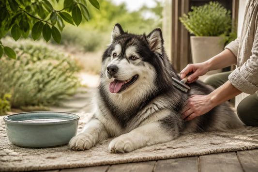 Golden Retriever resting in shade while a caregiver checks the coat near the neck beside a water bowl