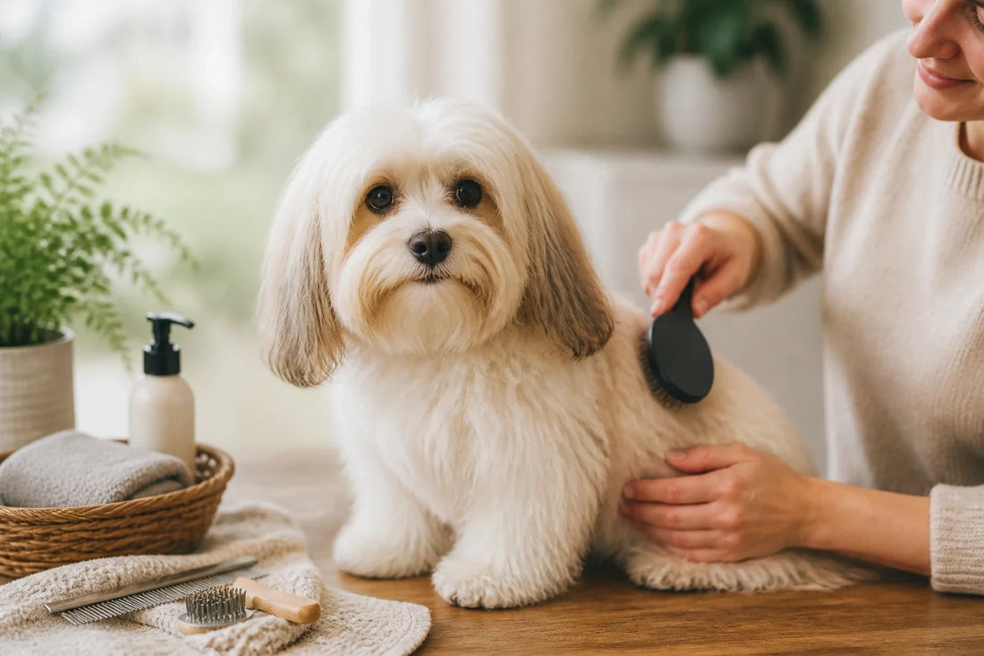 Eine Betreuungsperson kontrolliert sanft das Fell eines Havanesers, während der Hund ruhig auf ihrem Schoß liegt
