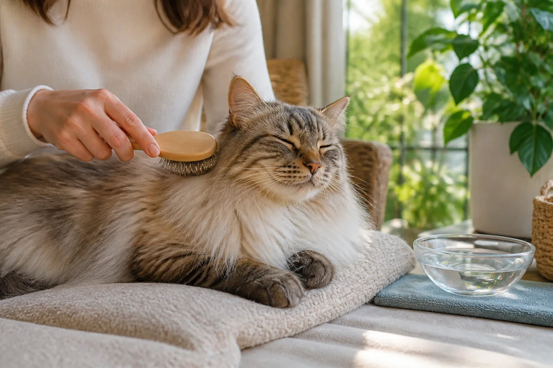 Langhaarige silberne Tabby-Katze ruht ruhig neben einer weichen Pflegebürste auf einer warmen Leinendecke