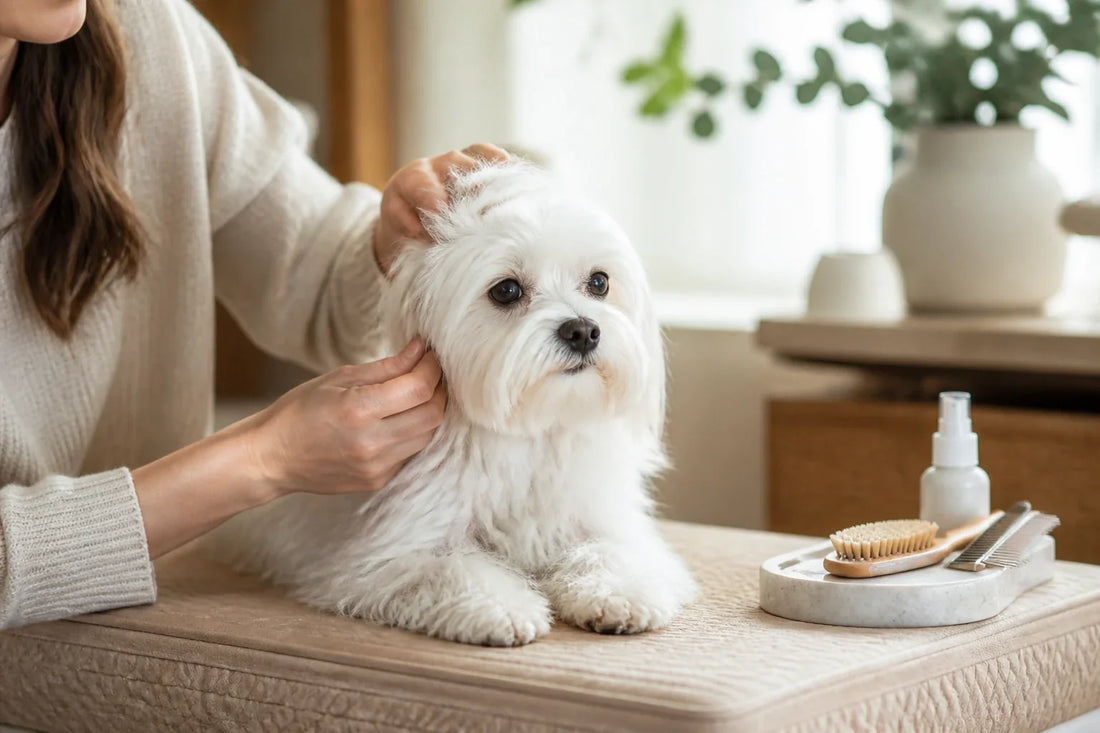 Une personne qui s’en occupe vérifie délicatement derrière l’oreille d’un bichon maltais blanc à poil long, installé sur un tapis antidérapant