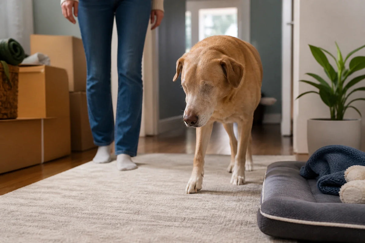 Älterer Golden-Retriever ruht entspannt in einem neuen, hellen Wohnzimmer neben vertrautem Bettzeug