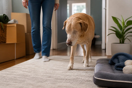 Senior golden retriever resting calmly in a new bright living room beside familiar bedding