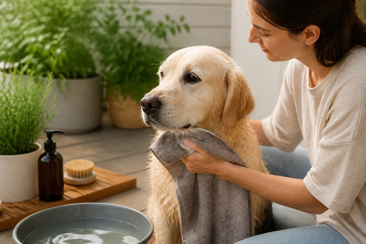 Caregiver drying a golden dog beside a pump bottle and basin