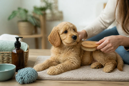 Young Cavapoo puppy resting on a non-slip mat while a caregiver gives a gentle shoulder touch beside a towel and brush