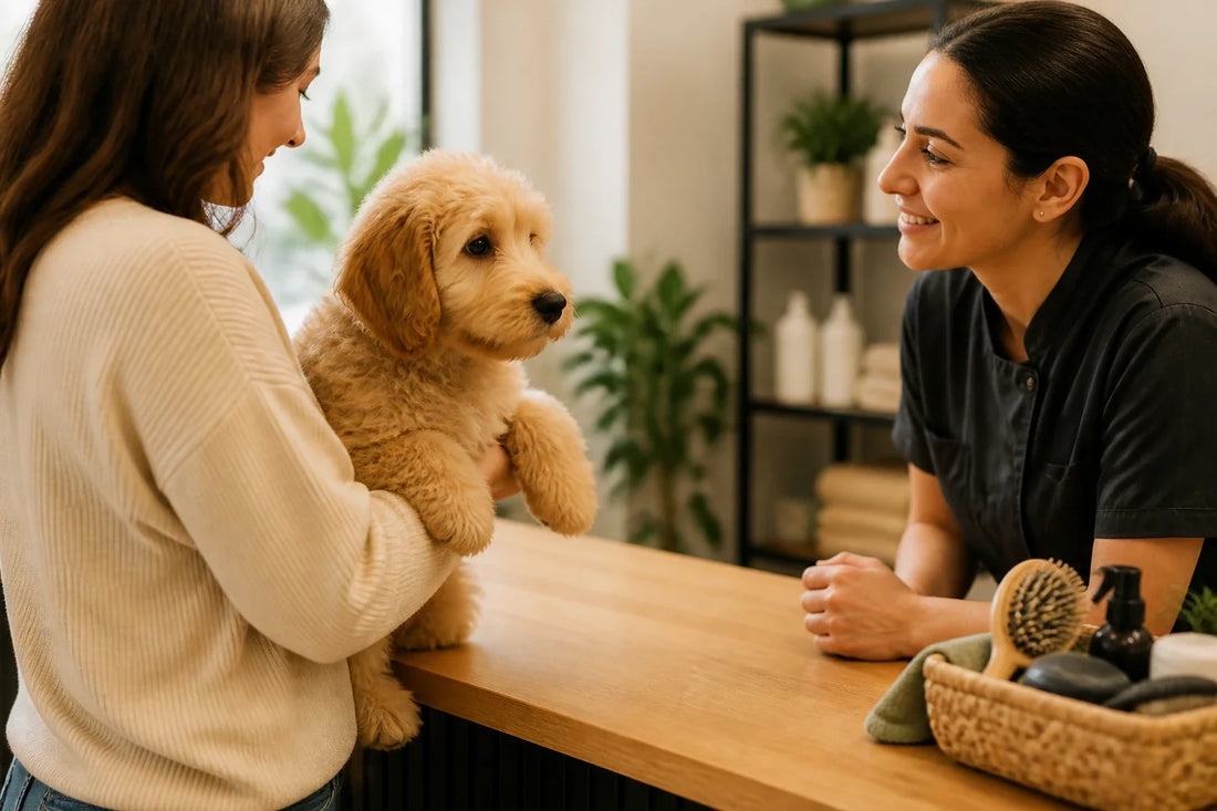Junger Cavapoo-Welpe kommt mit einer Betreuungsperson ruhig in einem professionellen Hundesalon an