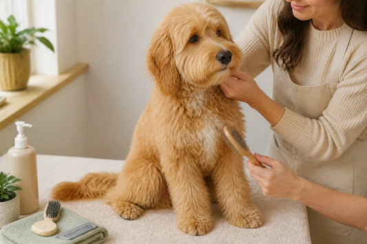 Cachorro de cavapoo color albaricoque con el suave pelaje en proceso de cambio, sentado tranquilamente junto a un cepillo y su cuidador