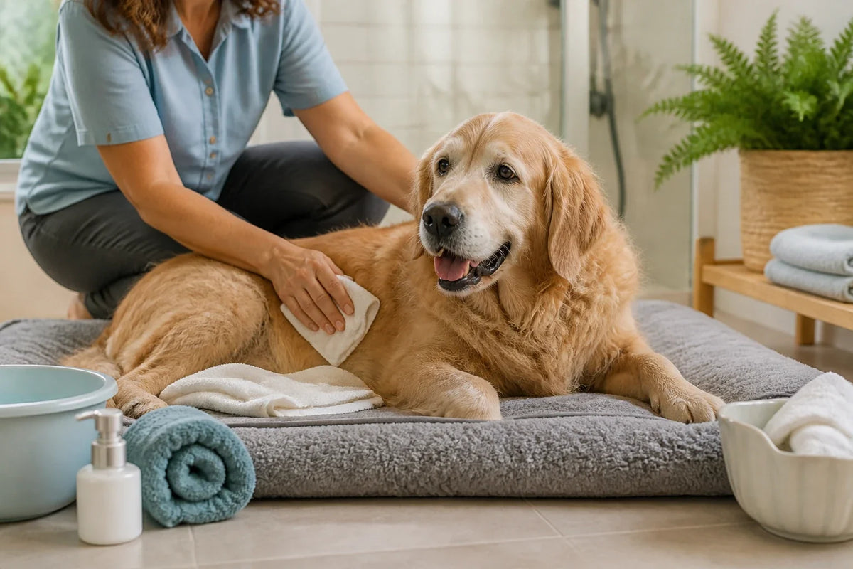 Eine tiermedizinische Rehabilitationsmethode zum Baden von Hunden, die nicht stehen können