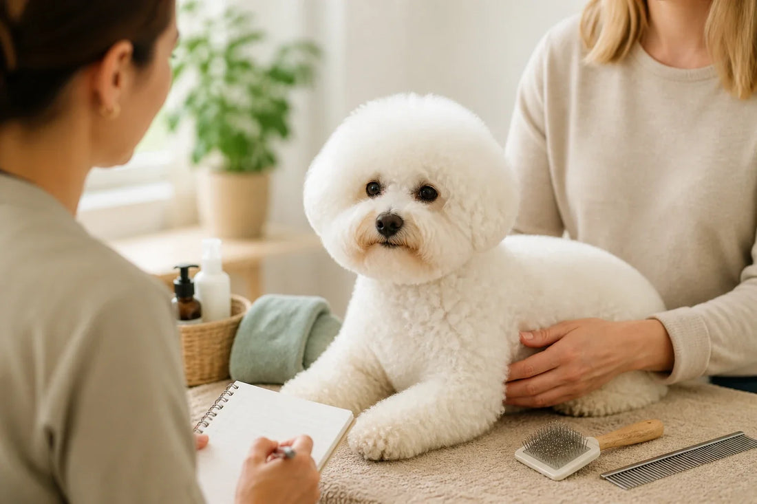Bichon frisé blanc debout calmement entre son propriétaire et un toiletteur lors d’une consultation conviviale