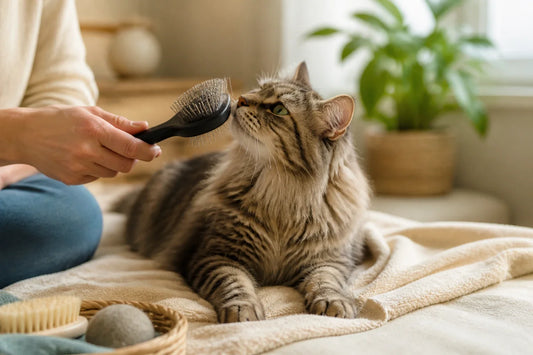 Gatto soriano arancione a pelo lungo che osserva una spazzola per la toelettatura tenuta a distanza rispettosa da una persona che se ne prende cura