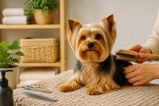 Yorkshire Terrier beside a caregiver comparing grooming style photos