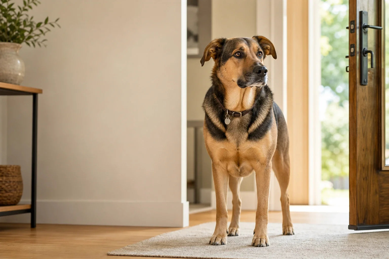 Waakzame hond die bij een open deur in huis staat