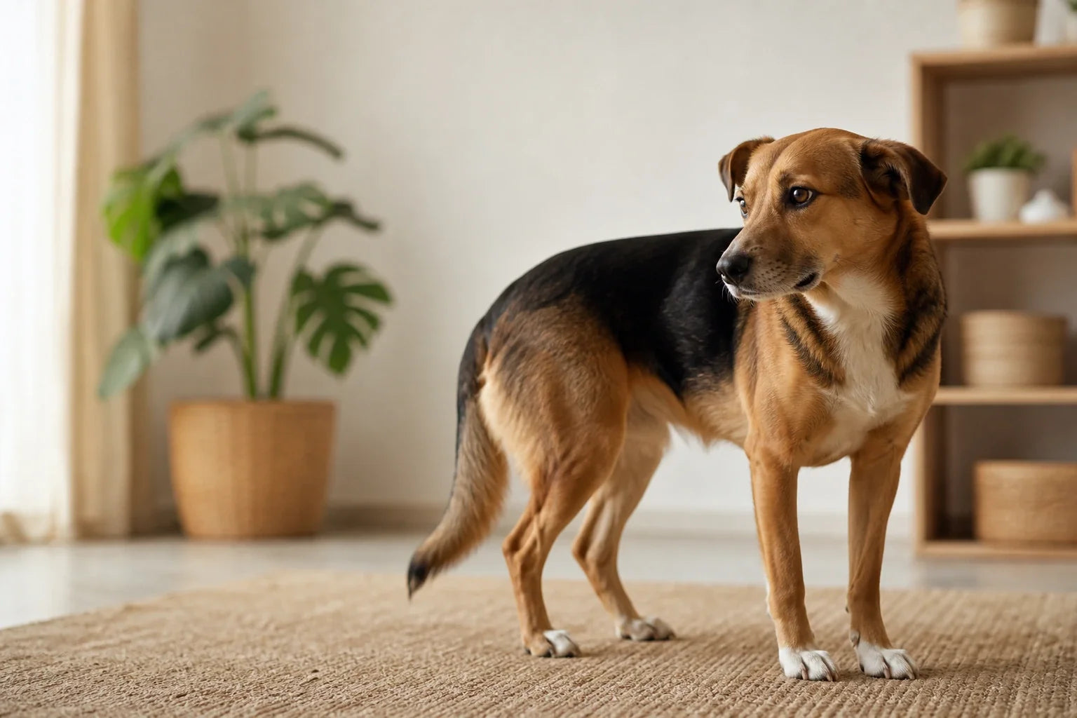 Hond die rustig in huis staat terwijl een persoon hem de ruimte geeft