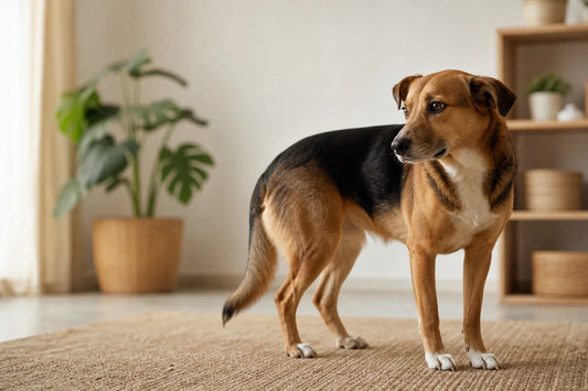 Dog standing calmly in a home while a person gives it space