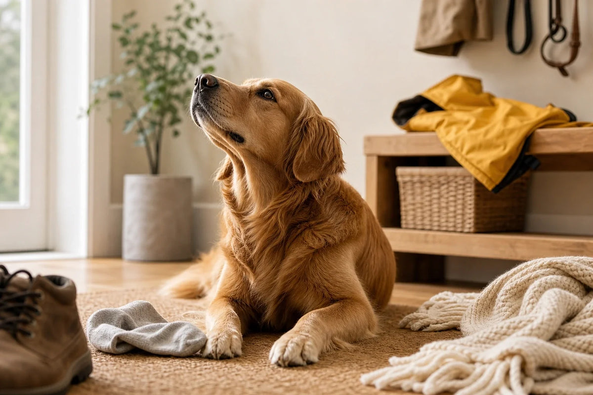 Goudkleurige retriever die bij de entree aan een paar laarzen snuffelt