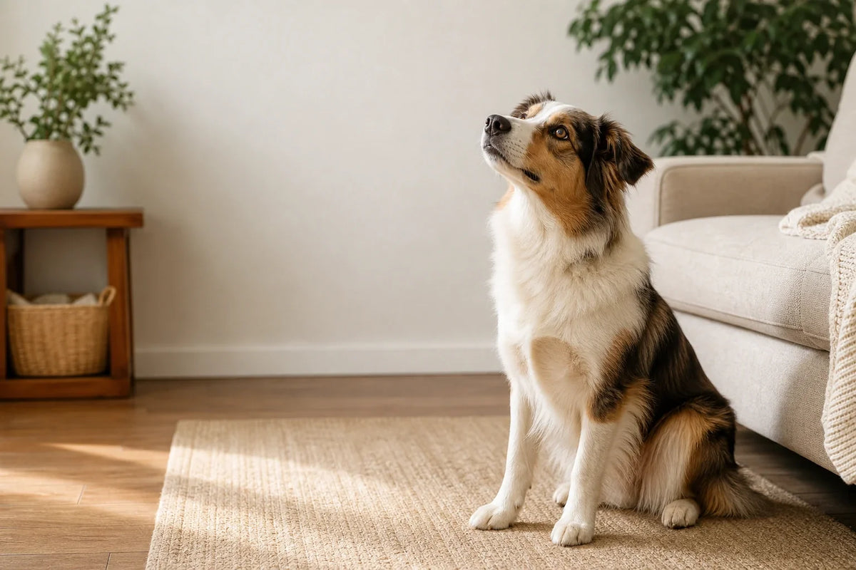 Waakzame hond die binnen zit en naar een geluid kijkt