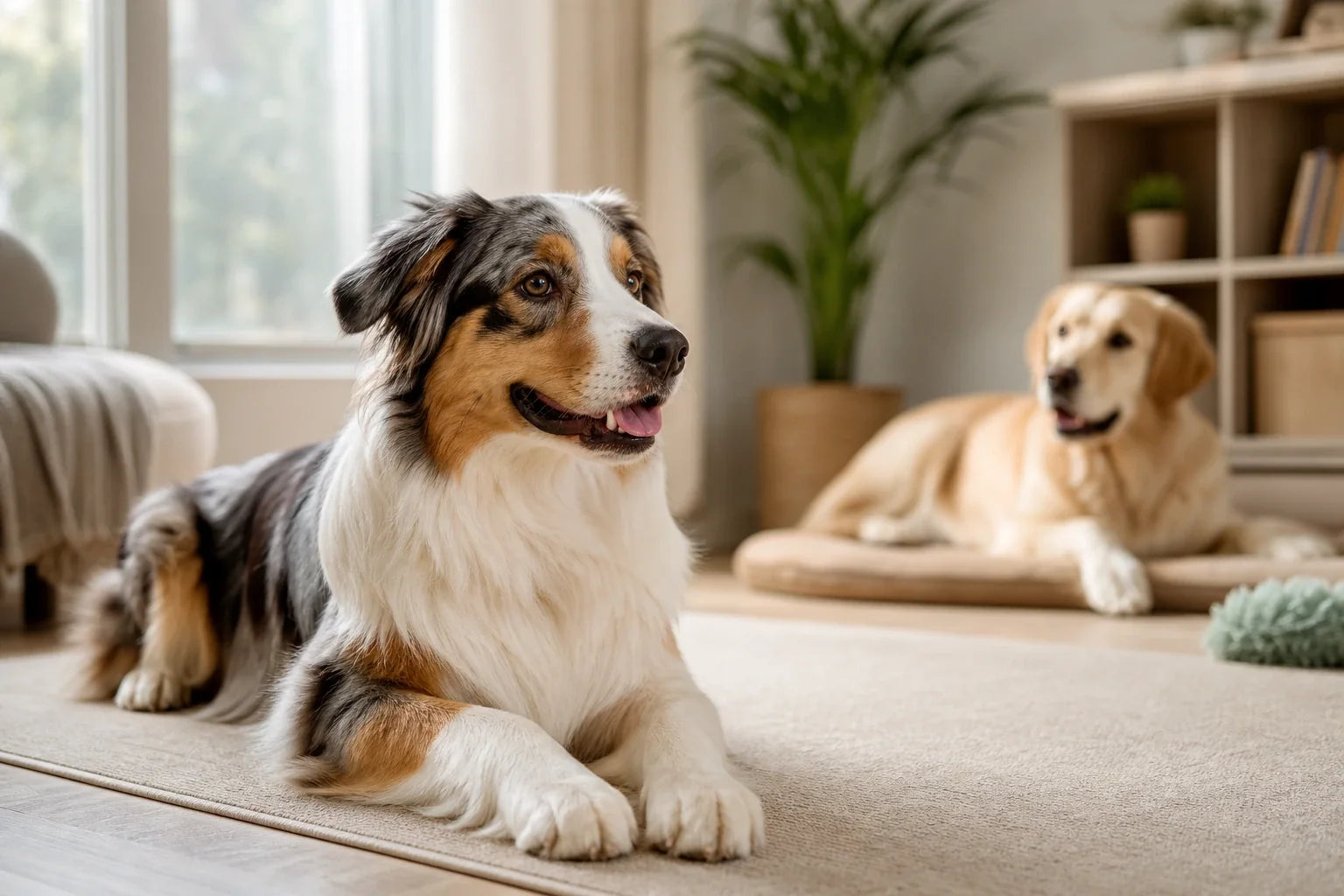 Twee honden die rustig in dezelfde kamer rusten met ruimte tussen hen in